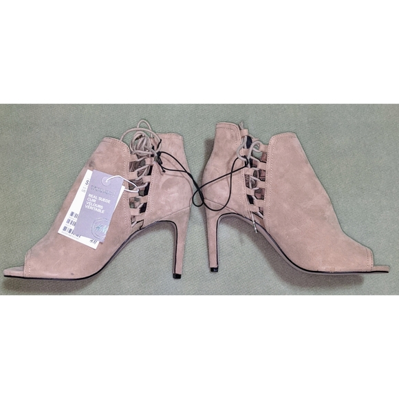 H&M Taupe Suede Wrap Around Peep Toe Heels - Picture 2 of 5